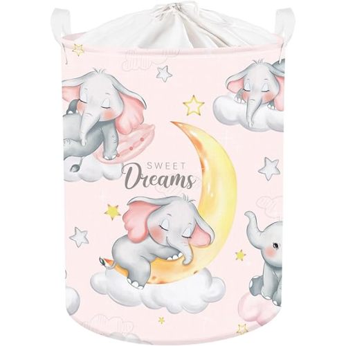 Clastyle Sleeping Elephant Kid Laundry Basket Pink Baby Girls Clothes Hamper for Nursery Collapsible Star Moon Towel Toy Storage Basket with Lid