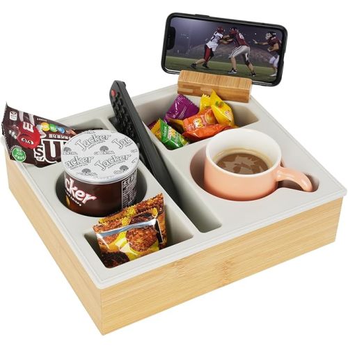 Couch Cup Holder Tray, Handy Silicone Bamboo Couch Caddy with Rotatable Phone Holder for Bed Car Seat Organizer, Waterproof Anti-Spill Sofa Cup Holder for Snacks Beverage Remote (White)