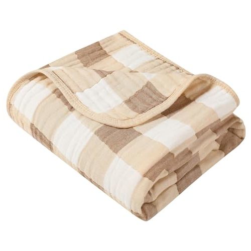 Ultra Soft Muslin Baby Blanket Made with Organic Cotton - Neutral Earth Tone Checkered Swaddle & Nursery Quilt, 43x43 (Beige-Coffee Checkered)