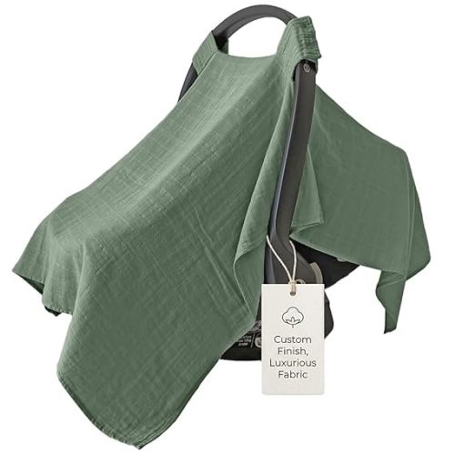 MOZAH Baby Car Seat Cover - Roman Green - 100% Organic Muslin - Soft, Breathable and Lightweight, Baby Infant Car Seat Essentials