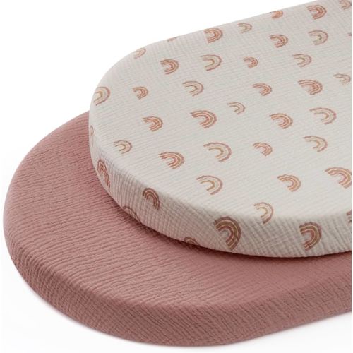 Blissful Diary Muslin Bassinet Sheets for Baby Girls Boys, Boho Soft Cotton Fitted for Oval Hourglass Rectangle Mattress, 2 Pack(Dusty Pink&Rainbow)