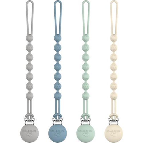 Cuddle Campus Silicone Pacifier Clip Holder with One Piece Design, Pack of 4 Soft Flexible Binky Clips with Texture for Baby Boy and Girl (0-6M) Set 2