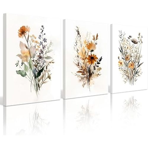 Botanical Wall Art Set of 3 Floral Wall Decor Prints Vintage Canvas Wall Art Wildflower Watercolor Pictures Farmhouse Artwork Floral Modern Painting for Bathroom Bedroom 12x16 Inch Framed