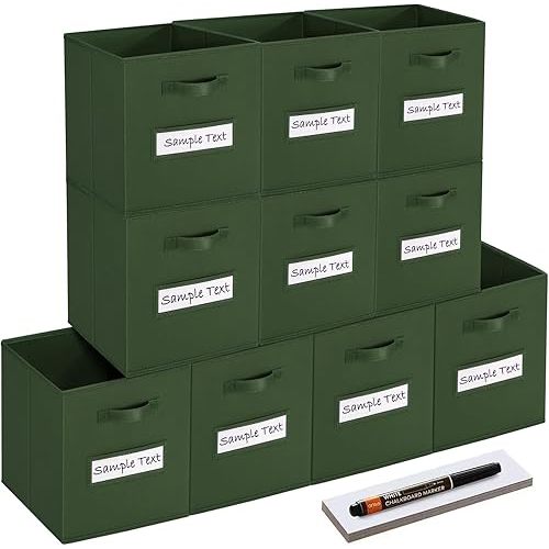 11x11 storage cube bins (Set of 10) Foldable Fabric storage cubes with 10 Labels Window Cards & a Pen,11 inch cube storage bin,Closet Organizers for Shelves,Cubby Organizer Boxes,Dark Green