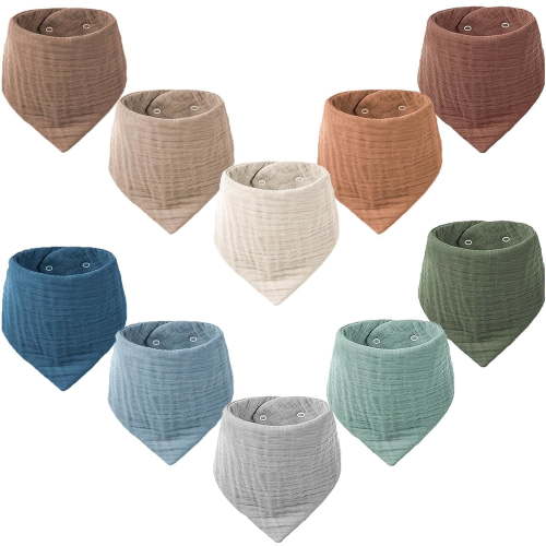 Muslin Baby Bibs for Boys Girls, 10 Pack Drool Bibs, Muslin Triangular Scarf Baby Bibs,Super Absorbent Organic Cotton Neckerchief for Infants Toddlers