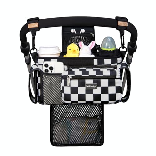 TOPDesign Universal Baby Stroller Organizer, Stroller Caddy with Detachable Mesh Bag & Heightened Insulated Cup Holders & Non-Slip Secure Hooks Accessories, Fits Most Strollers (Checkerboard)