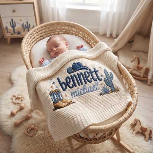 Personalized Boy Cowboy Baby Blanket with Name, Custom Embroidered Knit Western Cowboy Boots Cactus Baby Shower Gift, Welcome Baby Blanket