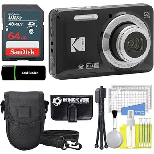 Kodak PIXPRO FZ55 Black 16MP Digital Camera 5X Optical Zoom 28mm Wide Angle 1080P Full HD Video 2.7" LCD Camera + 64GB Card and Reader + Case + Memory Wallet + Tripod + Cleaning Bundle