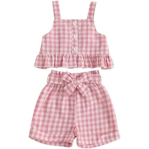 Giraropa Toddler Girl Outfits Set Ruffled Button Strap Crop Tops Plaid Shorts Set Matching Bowknot Belt Summer Clothes Set