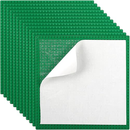 ZEAYEA 12 Pack Peel and Stick Baseplates, 10" x 10" Self Adhesive Building Base, Compatible with Most Standard Bricks, Building Brick Plates for Activity Tables, Green