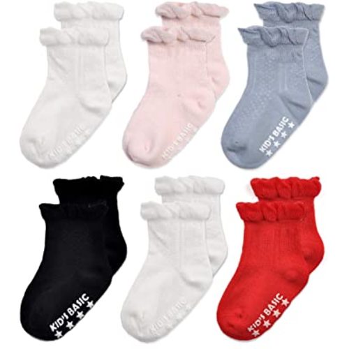 EPEIUS Baby-Girls Non Slip Ruffle Frilly Ankle Socks Pointelle (Pack of 3/6)