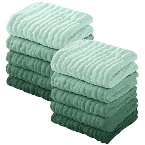 Yoofoss Muslin Baby Washcloths 100% Organic Cotton Face Towels 10 Pack Wash Cloths for Baby 12x12in Soft and Absorbent Baby Wipes (Gradient Green)