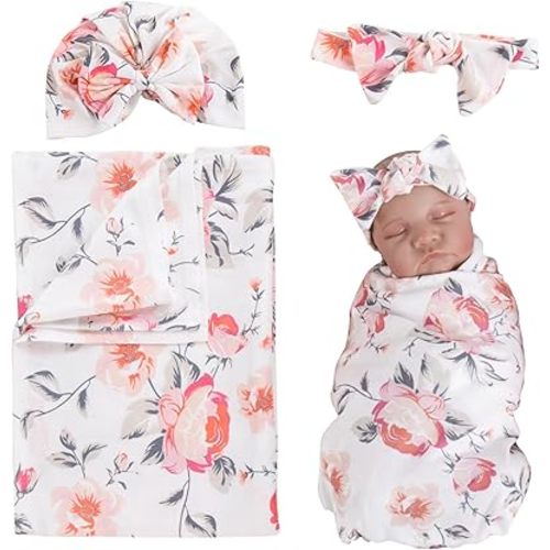 Aori Reborn Doll Clothes Accessories Newborn Receiving Blanket for Newborn Girl Doll with Matching Bow Hat and Bow Headband Swaddle Set for 17-20" Reborn Dolls