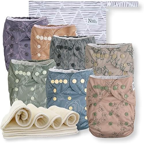 Nora's Nursery Cloth Diapers 7 Pack with 7 Inserts & 1 Wet Bag - Waterproof Cover, Washable, Reusable & One Size Adjustable Pocket Diapers for Newborns and Toddlers - Modern Blooms