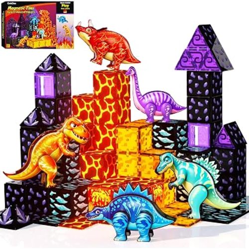 Dinosaur Toys Magnetic Tiles, 5 Movable Lava Dinosaur Toys for Kids 3-5 5-7