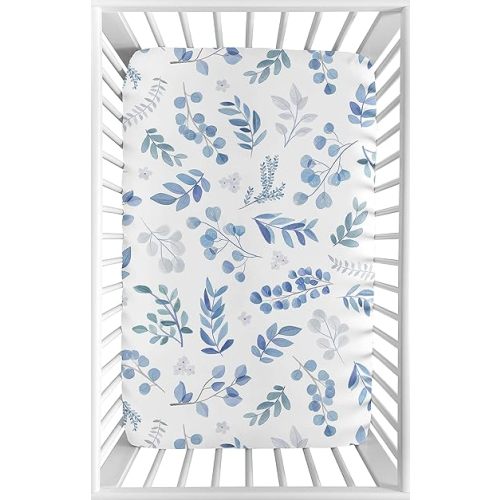 Sweet Jojo Designs Floral Leaf Boy or Girl Fitted Mini Crib Sheet Baby Nursery for Portable Crib or Pack and Play - Blue Grey and White Boho Watercolor Botanical Flower Woodland Tropical Garden
