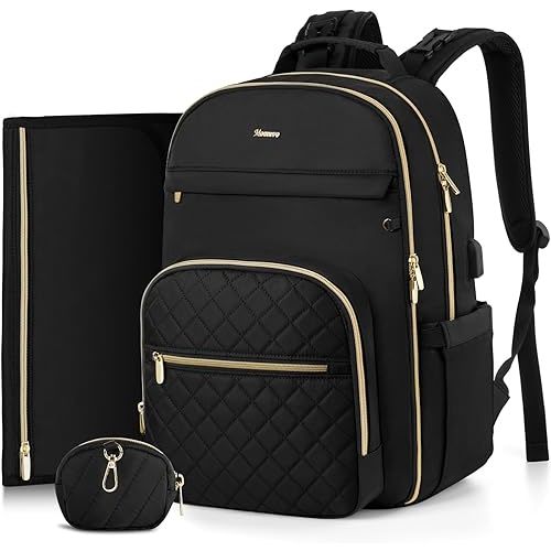 MOMUVO Diaper Bag Backpack, Quilted Baby Bag with Changing Pad and Stroller Straps and Pacifier Case, Large Travel Diaper Bags for Mom Dad,Black