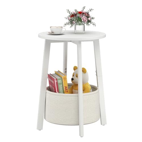sthmec Small Round Side End Table with Cloth Storage Basket, Round Bedside Sofa Couch Coffee Tables for Small Places with Metal Frame, Modern Nighstands for Living Room Bedroom,White