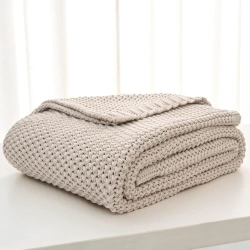 Chunky Cable Knit Throw Blanket Lightweight Beige 100% Organic Cotton Blanket for Sofa Couch Bed Baby Nursery, Rustic Shabby Chic Modern Farmhouse, 51” x 63” Give Laundering Bag