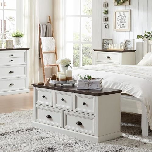 Farmhouse 5 Drawers Dresser for Bedroom, 45" Wide Chest of Drawers, 21" Tall Storage Closet Bench Storage Chest Storage Trunk, Wood Rustic Dresser for Closet, Living Room, Hallway, White