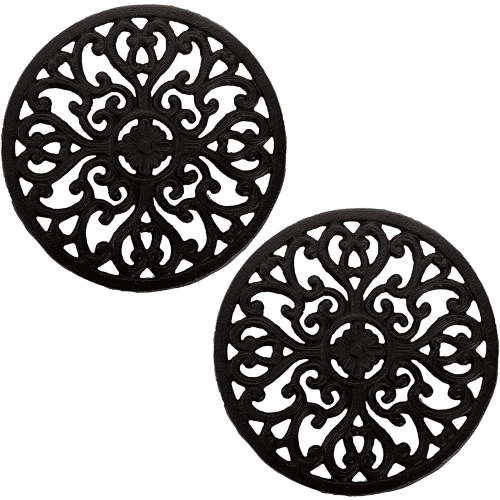 SHENSHA 2 Pack Cast Iron Trivet, 6.8" Cast Iron Round Trivet with Vintage Pattern and Rubber Pegs/Feet for Serving Hot Dish, Pot, Pans and Teapot on Kitchen Countertop or Dinning