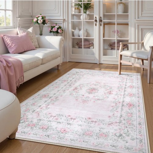 Eliane Pink Vintage Traditional Floral Area Washable Rugs - Stylish, Durable, Eco-Friendly | Lahome