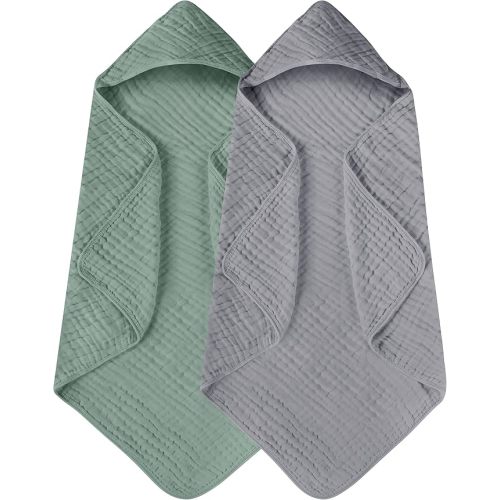 Yoofoss Hooded Baby Towels for Newborn 2 Pack 100% Muslin Organic Cotton Baby Bath Towel with Hood for Babies, Infant, Toddler and Kids, 32x32Inch, Soft and Absorbent Newborn Essential,Forest