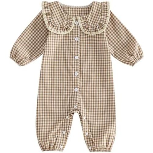Baby Girl Clothes Long Sleeve Button Up Romper Plaid Linen One Piece Jumpsuit Cute Fall Outfit 0 3 6 9 12 18 Months