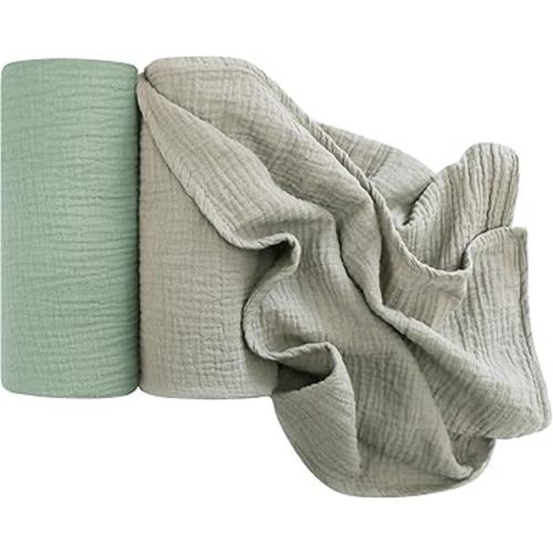 2Pack Muslin Swaddle Blankets 41" x 37" – Ultra-Soft 100% Cotton Breathable Receiving Blankets for Newborns, Boys & Girls, Multipurpose Wrap, Nursing Cover, Play Mat (Light Grey & Green)