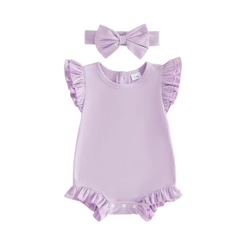 Baby Girl Summer Outfit Solid Romper Ruffle Sleeve Bodysuit Clothes | Baby flutter sleeve bodysuit, sleevless onesie, preemie girl clothes, paired with headband