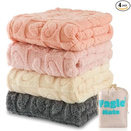 4 Pcs Baby Blankets,Fleece Heart Checkered Blanket, Cozy and Fluffy Crib Blankets for Girls, Toddler Receiving Blankets 30×40 Light Pink Sakura Pink White Grey