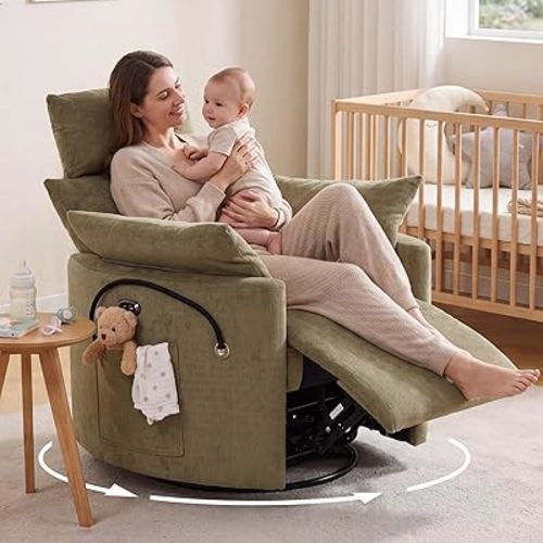 Chenille Power Recliner Nursery Chair with USB and 2 Side Pockets, Green