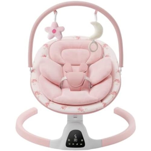 Baby Swings for Infants, Electric Infant Swing with 5 Speed Modes, 5-Point Harness, 3 Timer Settings, Built-in Songs & Bluetooth, Portable Baby Swing with Pink Printed Seat Pad, Indoor Outdoor Use