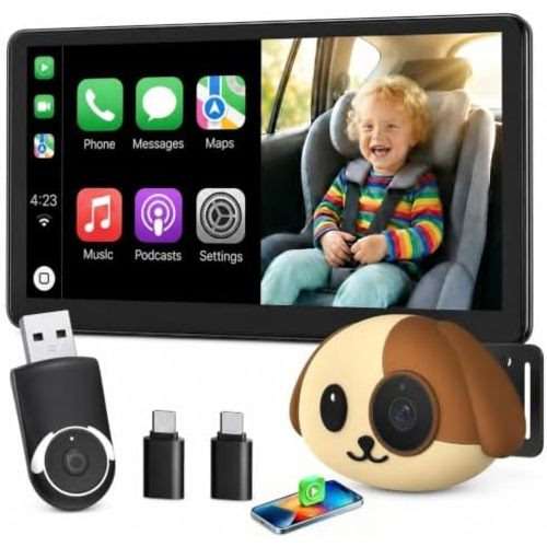 Cabin Care 1080P Baby Car Camera with Wireless CarPlay Adapter for iPhone Only, Real-Time Rear Seat Monitor, 150° Wide-Angle, IR Night Vision,Works with Factory Wired CarPlay (Dog)