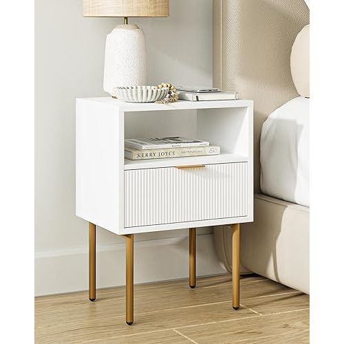 Nightstand,Modern Bedside Table with Gold Frame,White Night Stand,Bedside Furniture,Small End Table with Drawer and Shelf for Bedroom,Living Room
