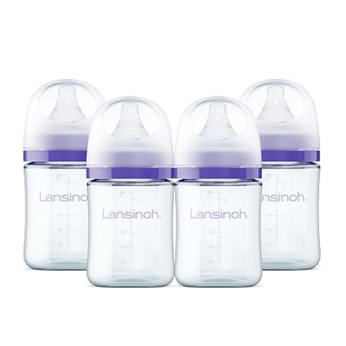 Lansinoh Glass Baby Bottles, Anti-Colic, 5 Ounces, 4 Count Bottles for Feeding, Baby Essentials, Includes 4 Slow Flow Nipples, Size S