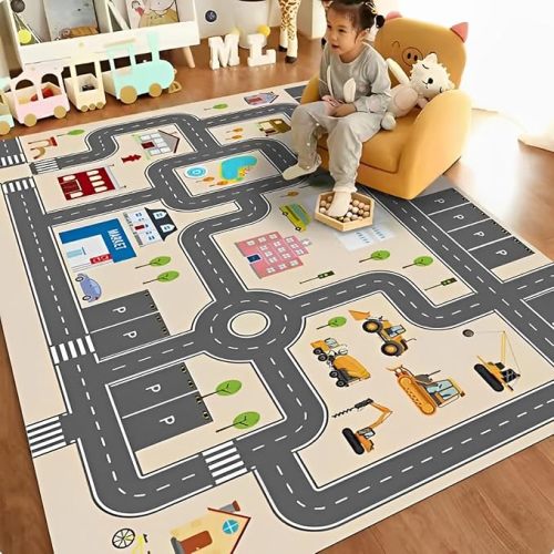 Jngred Kids Car Rug Playmat with Non-Slip Rubber Backing，Car City Life Road Carpet，Child Car Traffic Rugs ，Train Track Play Mat(80×120cm/32×47in)