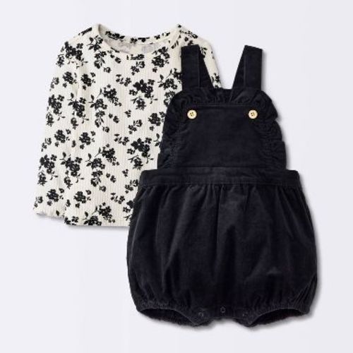 Baby Girls' Courdoury Bubble Overalls and Floral Long Sleeve - Cloud Island™ Off-White 18M