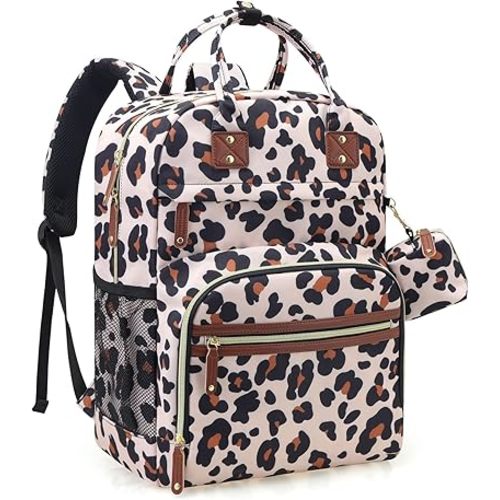 Tuwubi Diaper Bag Backpack, Baby Essentials Travel Tote Bag, Multi function Waterproof Backpacks, Travel Essentials with Stroller Straps & Pacifier Case - Leopard Print
