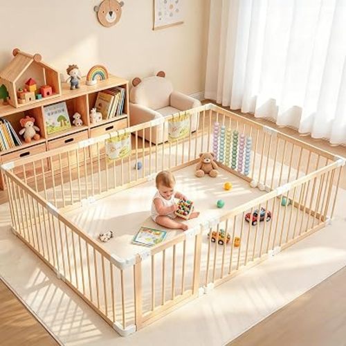 Baby Playpen, Foldable Wooden Play Yard with Gate