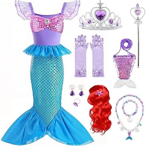 Girls Little Mermaid Costume Princess Dress Up Set with Wig Accessories for Halloween Cosplay Party 3-7 Years