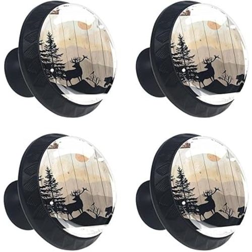 4 Pcs Rustic Wildlife Bear Deer Moose Vintage Wooden Plank Glass Drawer Knobs Black Dresser Knobs Drawer Pulls Door Knobs Dresser Drawer Handles for Wardrobe Cupboard Hardware Furniture