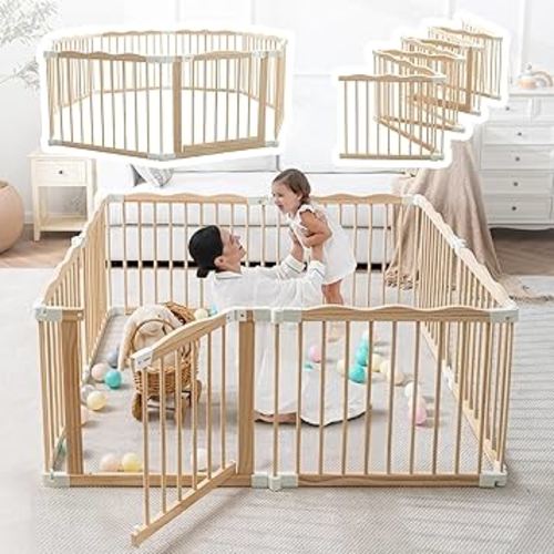 Wooden Playpen & Play Yards for Babies and Toddlers, 58 * 58inch Foldable Wood Baby Play Fence with Locking Gate, Kids Activity Area Center Indoor Outdoor, Natural Wood