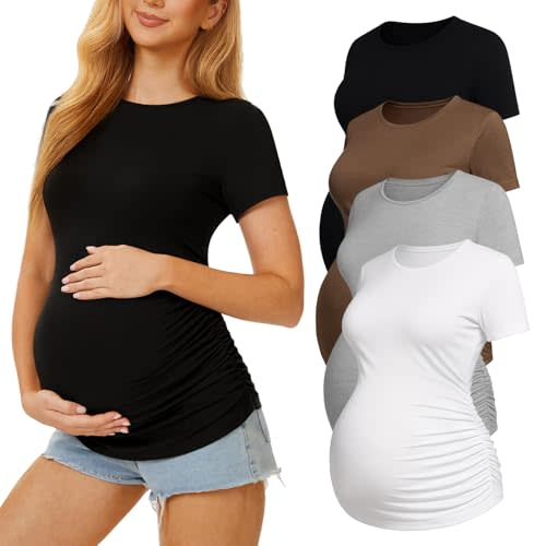 4 Pack Womens Maternity Shirts - Crew Neck Maternity Top Short Sleeve Pregnancy Tee Shirts
