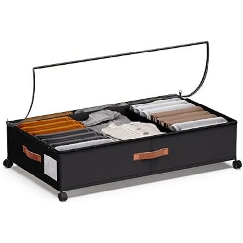 Under Bed Storage with Wheels - Rolling Underbed Containers with PVC Clear Lid & Dividers, 600D Oxford Fabric, PU Leather Handles, Adjustable Magic Tape Partition, XXL 66L, 1P (Black)
