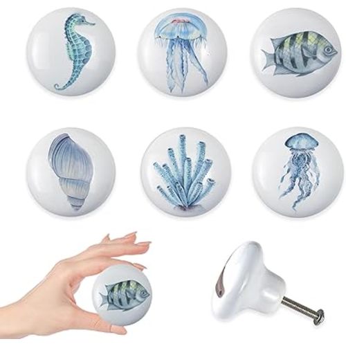 Set of 6 Ceramic Unique Fun Fish Coastal Beach Themed Cabinet Dresser Knobs Drawer Pulls Octopus Door Handle 1.5 X 1.5 Inches