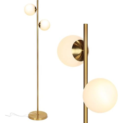 Brightech Sphere Floor Lamp for Living Room, Mid-Century Modern 2 Globe Pole Light for Bedroom, Bright LED Standing Lamps for Offices, Contemporary Living Room Décor – Gold/Antique Brass