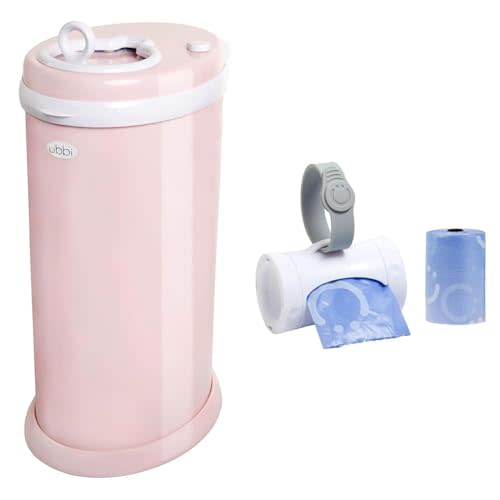 Ubbi Steel Diaper Pail Bundle with Retractable On The Go Travel Bag Dispenser, Award-Winning Registry Must-Have, Blush Pink and White