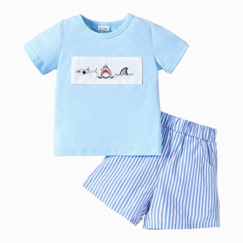 Toddler Baby Boy Clothes Summer Outfits Embroidery Trucks Smocked Shirt T-Shirt + Gingham Shorts 1T 2T 3T