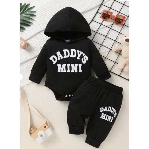 2pcs Set, Casual, Cute, Baby Boy Clothes, Infant Bodysuit, Baby Autumn/Winter Outfit, Soft & Comfortable, Letter Print Hoodie Top And Solid Letter Print Pants Set, Suitable For Daily, Vacation, Party, Outdoor
